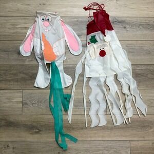 Vintage 1988 Hallmark‎ Windsock Set Easter Bunny & Santa Claus Nylon Holiday